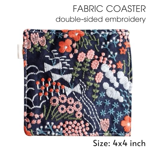 Pastoral Style Embroidered Fabric Coasters 4 Inch for Glass Cup Ceramic Cup, Japanese Style Deco for Kitchen Tea Table Cup Mat Cushion Pad (style01-navy)