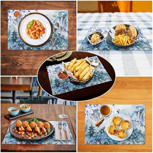 Japanese Peacock Blue Floral Placemats Set of 4, 12x18 Inch - color: Floral Bird03, size: 4pcs