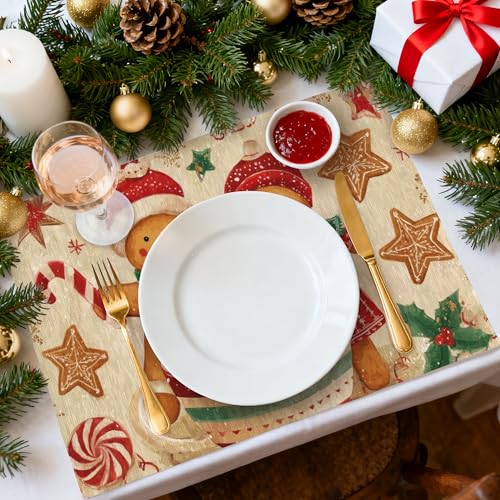 Christmas Gingerbread Man Table Placemats Set of 4 Place Mats Linen Wipeable Placemats Waterproof Rectangle Table Mat for Kitchen Dining Dinner 18 X 12 Inch - color: Christmas Gingerbread Man