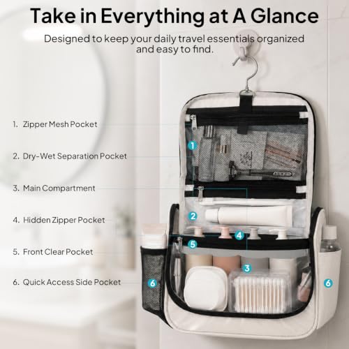 Travel Toiletry Bag for Women & Men, Waterproof Hanging Makeup Organizer - color: Beige