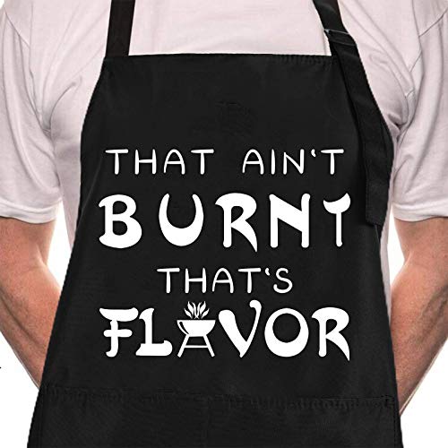 Rosoz Funny BBQ Black Chef Aprons for Men, Adjustable Kitchen Cooking Aprons - color: That Ain't Burnt That's Flavor
