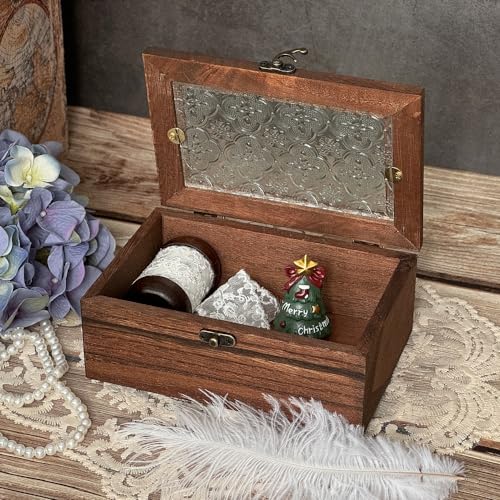 Vintage Wooden Storage Box with Glass Lid, Keepsake Box Small Decorative Storage Box for Jewelry, Trinket, Gift and Home Decorations (Small) - size: Small