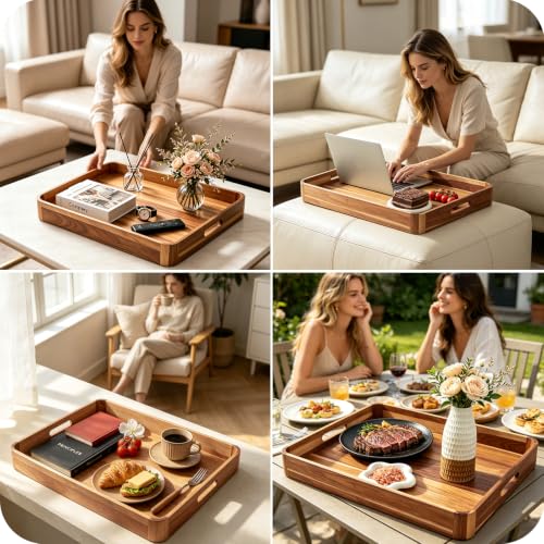 Wooden Serving Tray with Handles, Ottoman Tray for Kitchen Counter/Coffee Table/Living Room Decor,Versatile Tray for Party Rustic Wood ServingTray for Dinner/Breakfast/Snack Entertaining Guests