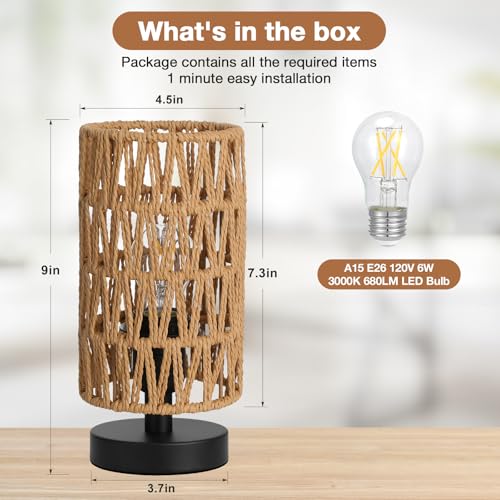 Fenmzee Table Lamps (Rattan Rope Shade - Black Base, 9" Inline Control) - color: Rattan Rope Shade-Black Base