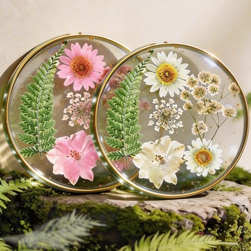Oqplog Resin Drink Coasters for Desk Coffee Table-Pink&White Dried Flowers Round Shape Cup Coasters Set of 2 for Office Home Outdoor Decor Gifts for Girls Women - color: Pink&white 2pcs