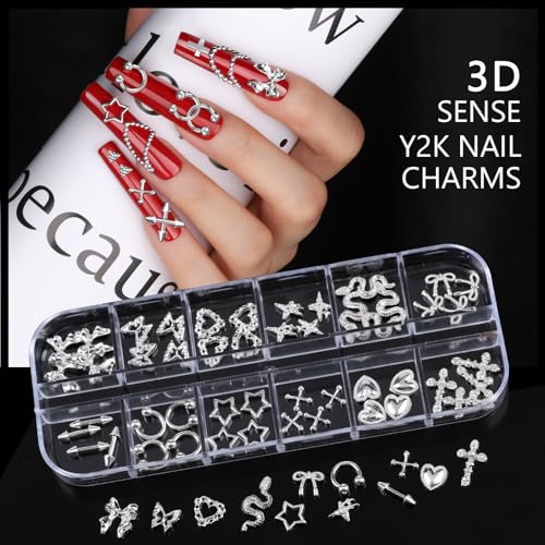 Teentior Nail Charms and Gems Silver Rhinestones for Nails with 15 Sheets Nail Stickers, 6 Boxes Nail Gems Y2K Accessories Pearls for Nails, Cross Nail Charms for Nails Design Caviar Beads for Nails - color: Silver
