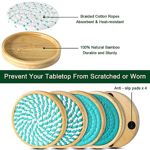 Eykao Bamboo Coasters for Drinks, Absorbent Coaster Sets of 5, Woven Drink Coasters for Coffee Table, Housewarming Gift for Farmhouse Home Decor,4 inches (Lake Blue Series) - color: Lake Blue