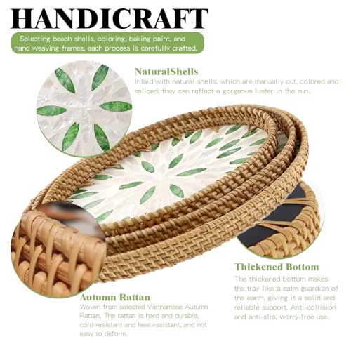 3 Pcs Oval Handwoven Rattan Mother of Pearl Inlay Serving Tray Home Decor