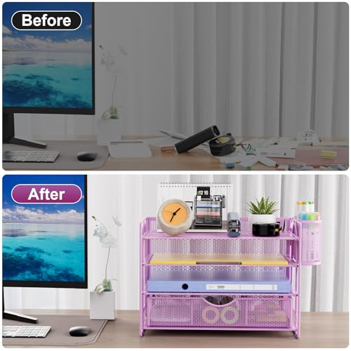 Marbrasse Desk Organizer, 4-Tier Paper File Letter Tray, Purple - color: Purple with Pen Holder