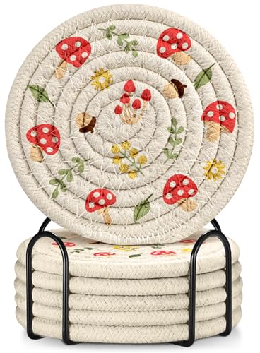 Absorbent Cup Coasters Set of 6 with Holder, Red Mushroom - color: Red Mushroom