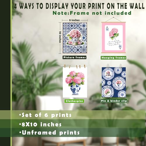 LUKIPOM Pink Chinoiserie Hydrangea Wall Art Poster,Coquette Blue Bow Grandmillennial Floral Wall Decor Gifts for Women Teen Girls Home Bedroom Living Room,12x16in Set of 6 Unframed - color: Color 020