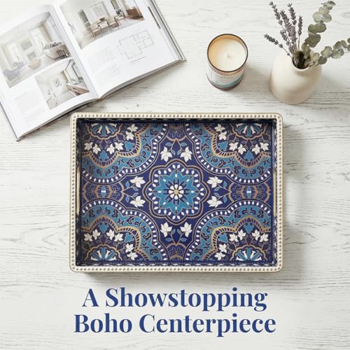 Boho Serving Tray with Handles, Large Rectangular Decorative Ottoman Tray with Gold Beaded Rim, Blue Floral Mandala Design, for Coffee Table, Kitchen Counter, Vanity, 15.7”x11.8” - color: Blue&floral