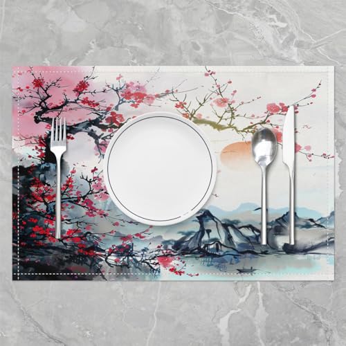Feelyou Cherry Blossoms Placemats Set Set of 4 18"x12" - color: Pink Blue