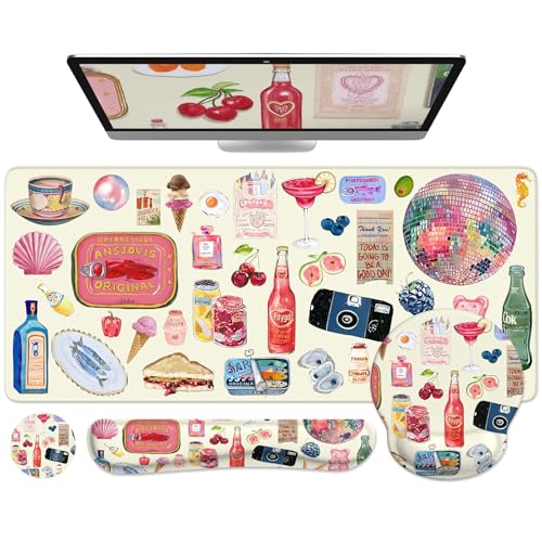 iCasso Desk Pad Mat, Large Mouse Pad and Keyboard Wrist Rest Set - color: Watercolor Stickers