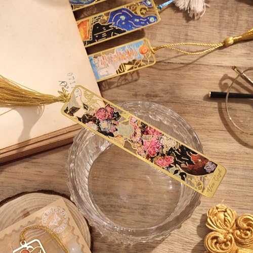 4 Pieces Bookmarks with Tassel, Golden Hollow Metal Bookmark Monet Oil Painting Theme Book Mark for Women Book Lovers Writers Readers Children Teenage Girls, (Starry Sky Style) - style: 4Pcs Starry sky