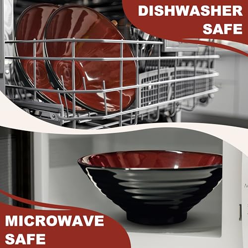 8-Inch 4 Sets Ceramic Ramen Bowl (16 Piece) - Japanese Porcelain Dishwasher Microwave Safe Salad Noodles Cereal Pasta Soup Large Bowls with Chopsticks Forks Spoons for Men Women Housewarming Gift - color: B:Red&Black, size: 8 INCH 4 Set