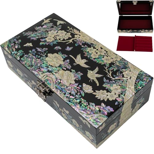 February Mountain Mother of Pearl Large Jewelry Box with Ring Tray - Handmade Unique Gifts for Women - Abalone Shell Keepsake Decorative Box - style: Plum Blossom