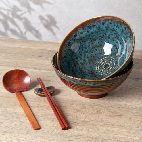 40oz Japanese Ceramic Ramen Bowl Set of 2 with Chopsticks and Spoons for Pho Udon Asian Soup Noodles (Peacock Tail) - color: Peacock Tail