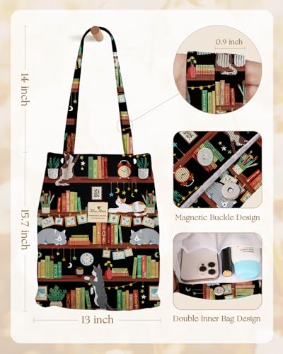 Miss Adola Corduroy Tote Bag for Women Cute Design - color: Cat Bookshelf