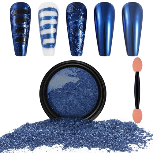 Artdone Chrome Nail Powder, Dark Blue Iridescent Aurora Powder Metallic Mirror Effect Pigment Pearlescent Mermaid Pigment Pearl Glitter Dust Kit, Nail Art Decoration, Resin Craft - color: 1 Jar - Dark Blue