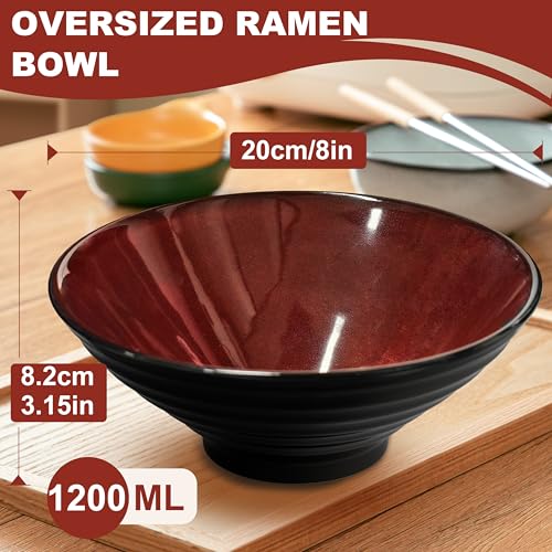 8-Inch 2 Sets Ceramic Ramen Bowl (8 Piece) - Japanese Porcelain Dishwasher Microwave Safe Salad Noodles Cereal Pasta Soup Large Bowls with Chopsticks Forks Spoons for Men Women Housewarming Gift - color: B:Red&Black, size: 8 INCH 2 Set