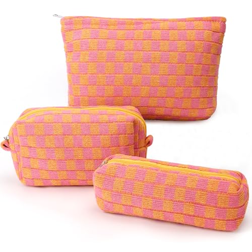 EIMMBD Makeup Bag 3 Pieces Large Capacity Checkered Cosmetic Bags Travel Toiletry Bag Organizer Cute Makeup Pouch Storage for Women(Orange & Pink) - color: Orange & Pink