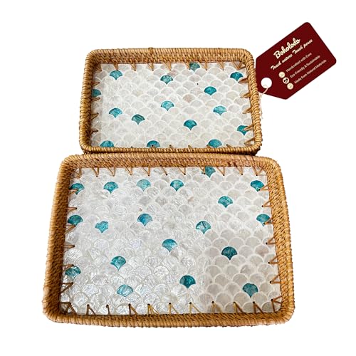 Rattan Rectangle Tray with Mother of Pearl Inlay, Unique Decorative and Serving Tray for Outdoor,Bathroom, Kitchen, Vanity, Perfume, or Coffee Table (Combo Fin 13"&11.8") - color: Combo Fin