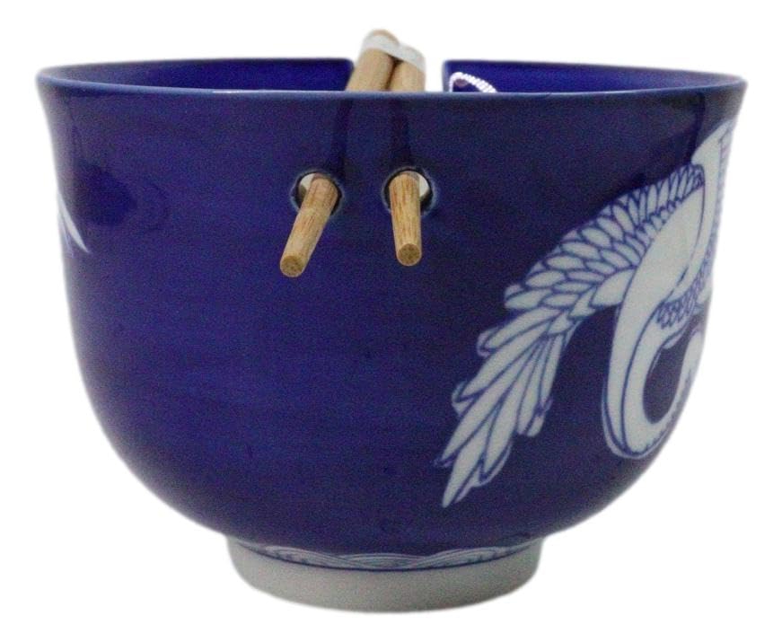 Ebros Gift Artistic Donburi Ramen Udon Noodles Soup Salad 5" D 18Oz Bowl With Bamboo Chopsticks And Built In Rest Set Asian Dining Kitchen Accent (Blue And White Japanese Crane) - color: Blue And White Japanese Crane