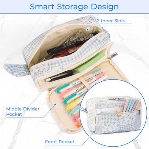 WOBAGMEN 62PCS Aesthetic School Supplies with Quilted Pencil Case, Pastel Highlighters, Gel Pens Mechanical Pencils Set, Cute Back to School Supplies, College Essentials (Green Blue Patchwork, M) - color: Green Blue Patchwork