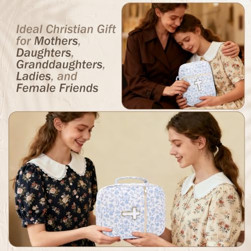 XKDOUS Bible Cover Case for Women Bible Bag Journaling Kit w/Study Supplies - color: Blue Rose With Cross, size: Large