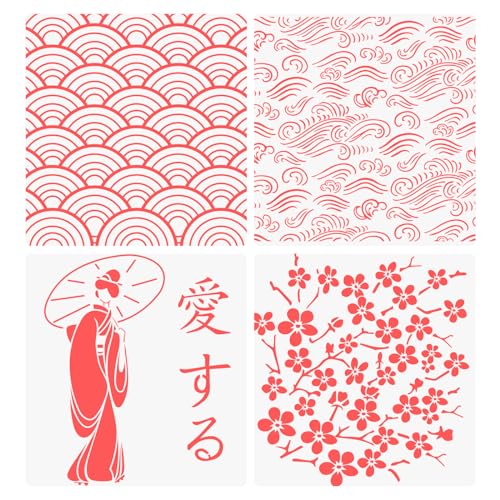 Japanese Hiragana Katakana Alphabet Stencil Set 4pcs - Sakura Stencil Film for Bullet Journaling, Wood Carving, Drawings, Woodburning, Engraving & Scrapbooking (Style B: Women 5.9" )