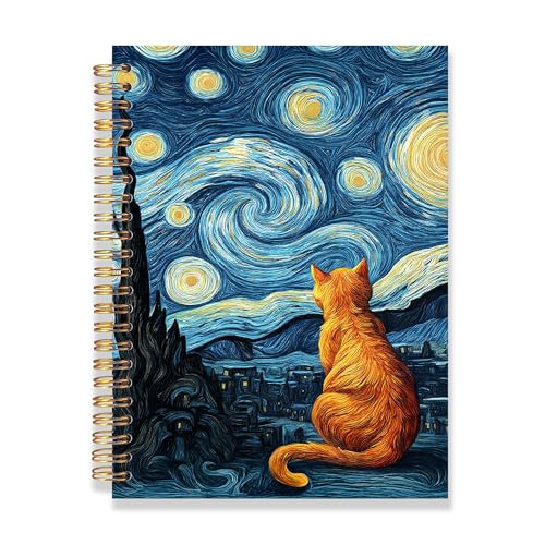 Spiral Notebook 8.3x5.5 Inches, Starry Night Cat Journal, Van Gogh Inspired Orange Cat Notebook, Aesthetic Art Lined Writing Notebook - color: Starry Night Cat
