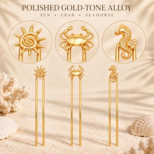 3PCS Ocean U Shaped Hair Pins for Women, Gold Shell Starfish Conch Bun Pins, Coastal Beach Hair Accessories, French Twist Hair Forks for Thick Thin Hair Summer Vacation (Copper) - color: Copper