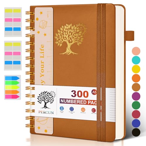PERCUN Spiral Notebook 300 Numbered Lined Pages Hardcover Journal 5.9"x8.5" - color: Brown, size: A5 size (5.9in x 8.5in)
