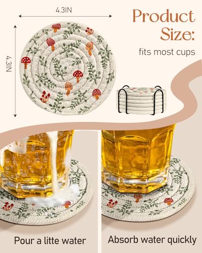 Absorbent Cup Coasters Set of 6 with Holder, Mushroom Leaf - color: Mushroom Leaf