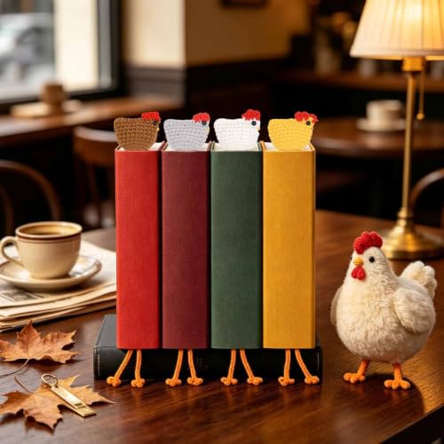 4 Pack Fall Crochet Chicken Bookmarks Chick Book Marks for Reading Gifts - color: Colorful Chicken