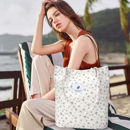 Ayieyill Corduroy Tote Bag for Women Canvas Shoulder Cord Purse with Inner Pocket - color: Beige/Gy Floral