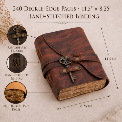 NomadCraftsCo Vintage Leather Journal, Handmade Deckle Edge Paper 240 Pages - color: Red Brown, size: 11.5" x 8.25"