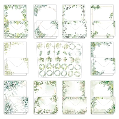160 Pcs Stationery Set with Envelopes, 50 A5 Sheets of Stationery (10 Designs) with 50 Envelopes and 60 Stickers, Letter Writing Stationery for Home, Office, School, Set D - color: Eucalyptus stationery