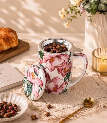 AmorArc Tea Cup With Infuser and Lid, 18oz Loose Leaf Tea Mug With Steeper - color: Colorful Peony