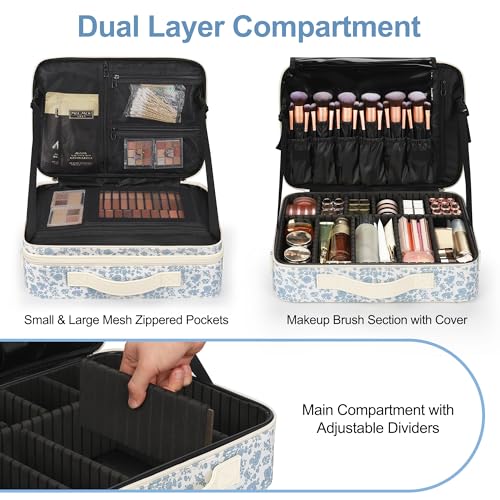 Relavel Makeup Case Large Makeup Bag Professional Train Case Travel Cosmetic Organizer Brush Holder Waterproof Makeup Artist Storage Box, 3 Layer Large Capacity, with Adjustable Strap, Floral Print - color: Floral Print, size: Large