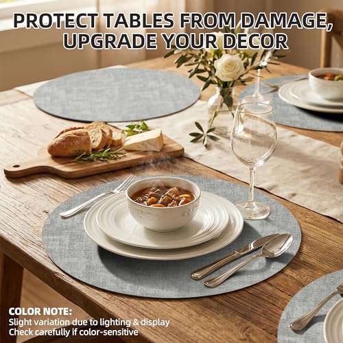 Placemats Set of 6, 15 Inch Round Faux Leather Place Mats - color: R-grey