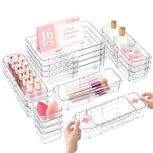 DILIBRA 16 Pcs Clear Extendable Drawer Organizer, 3-Size Adjustable - size: 4Pcs Large + 8Pcs Medium + 4Pcs Small