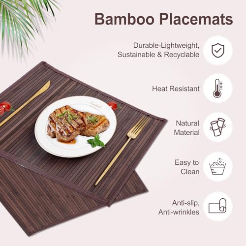 Bamboo Placemats Set of 6 with Fabric Border, Table Mats, Walnut - color: Walnut, size: Set of 6