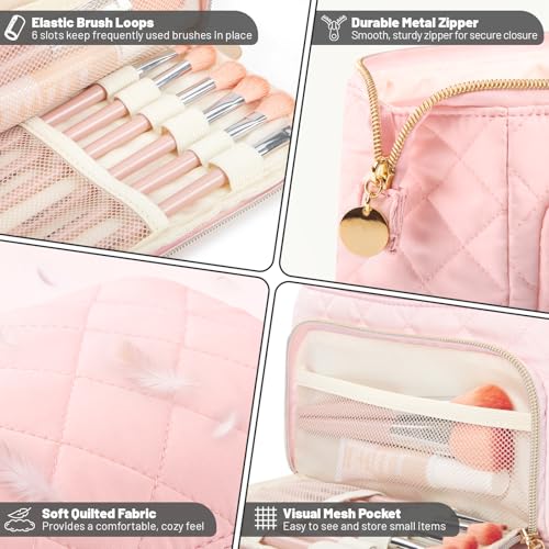 Graduation Gifts Soft Quilted Makeup Bag, Wide Opening Cosmetic Pouch Travel Toiletries Accessories Bag Trendy Makeup Purse for Women Teen Girls Holiday Gifts Birthday Gifts (Light Pink) - color: Light Pink