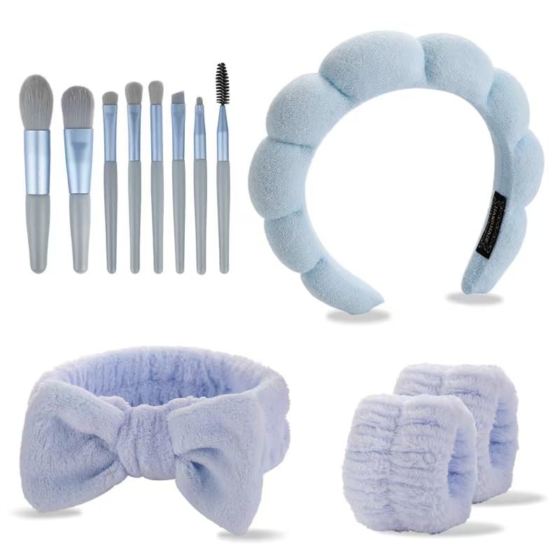 CAZYTOYZ Sponge Spa Headbands for Women Wristband Set Puffy Makeup Brush Headband Set for Washing Face Soft Towel Skin Care Head Band Cute Hair Band Shower - color: Sky