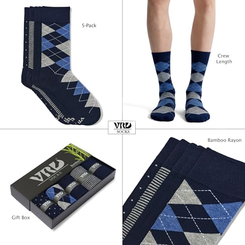 VRD Men's Dress Socks Bamboo Rayon, 5-Pack Crew Socks, Multiple Colors and Designs, Shoe Size 8-13, Gift Box - color: 02: Blue Navy, 5-pack Mix (2 Solid, 1 Striped, 1 Dotted, 1 Argyle)