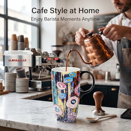 Topadorn 17oz Ceramic Travel Mug with Lid, Abstract Art Coffee Mug - color: Abstract Garden