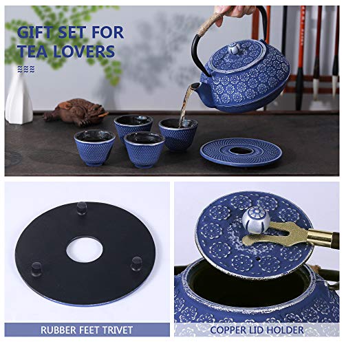 Ufine Blue Floral Cast Iron Teapot Set 28 oz Tea Kettle with 4 Cups, Trivet - color: Blue Floral