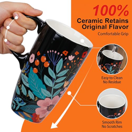 Topadorn 17oz Ceramic Travel Mug with Lid, Botanical Floral Coffee Mug - color: Flower